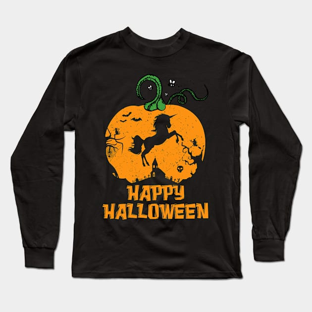 Happy Halloween Unicorn Pumpkin Long Sleeve T-Shirt by Sleazoid